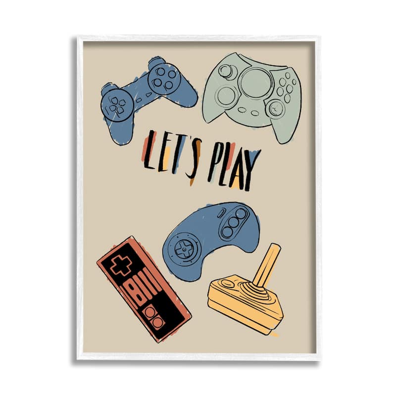 Stupell Let's Play Phrase Vintage Video Game Controllers Framed Wall Art