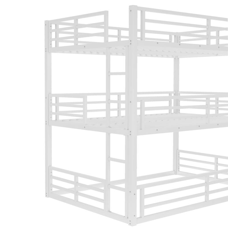 Roomfitters Twin/Full/Queen Metal Triple Bunk Bed with Safety Guardrails, Heavy-Duty Noise-Reduced Frame, White