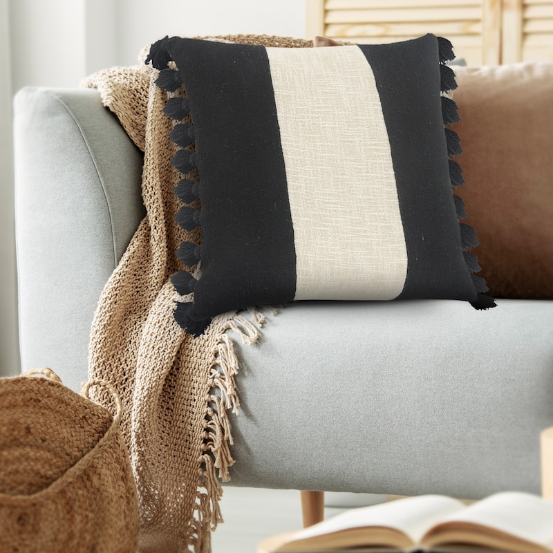 Sevita Tri-Stripe Black and Ivory Fringe Pillow