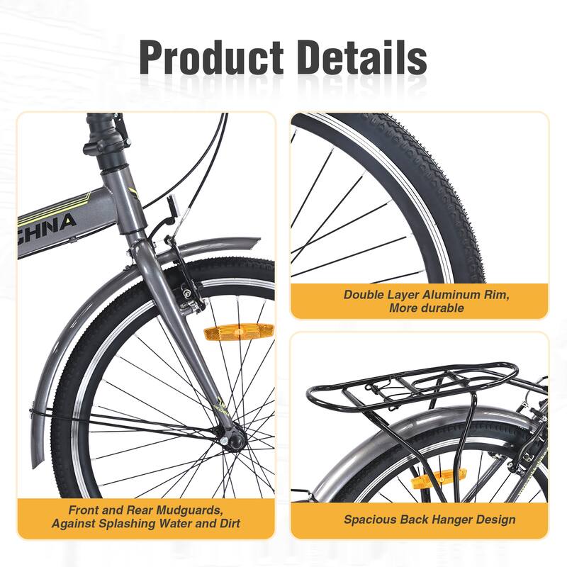 24 Inch Folding Bike with Fenders, Single Speed City Commuter Bicycle with Dual V-Brake, Steel Frame Portable Compact Bicycle