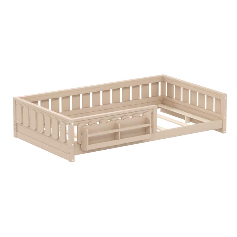 Kid Wood Platform Storage Bed Montessori Toddler Floor Bed Children Daybed with Guardrail and Side Creativity Storage Shelves