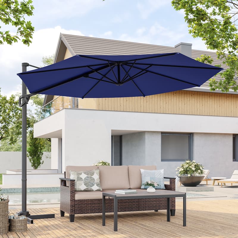 BONOSUKI 10FT Cantilever Patio Umbrella, Ultimate Outdoor Comfort with 360° Rotation and Canopy Angle Adjustment - Navy Blue