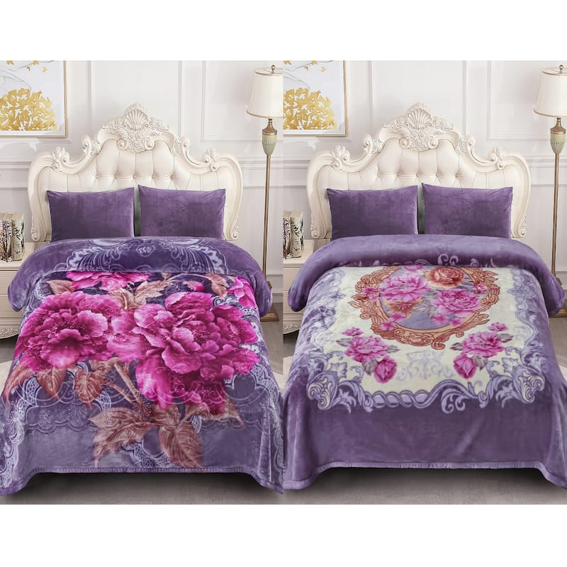 Raschel A&B Printed 2-ply Reversible Korean-style Plush Fleece Blanket - Queen - Light Purple