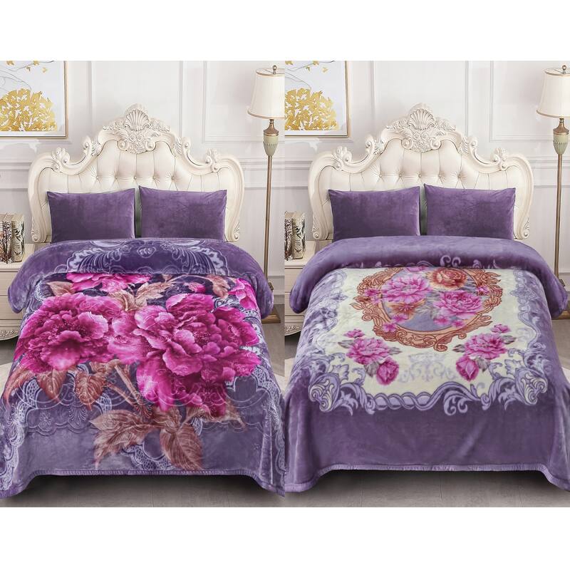 Reversible Mink Blanket Fluffy Fleece Blanket Different Pattern in Each Side - King - Light Purple