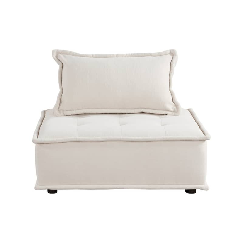 Zoe 40 Inch Ottoman Chair, Modular, Beige Boucle, Button Tufted, Solid Wood