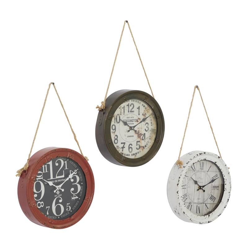 Metal Decorative Wall Clock with Rope accents - Set of 3 White - Roche River Decor