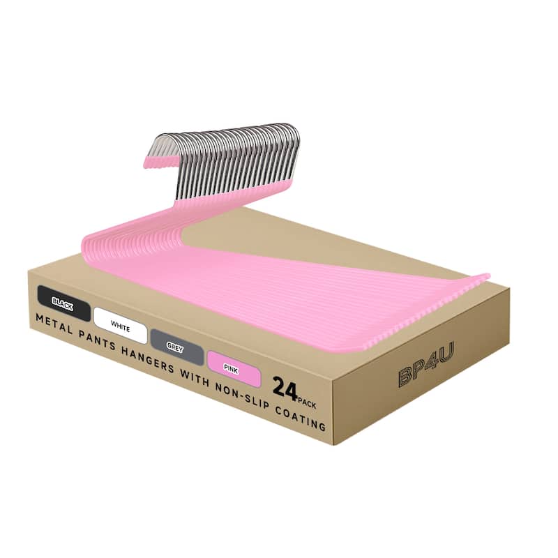 BP4U Open-Ended Metal Pants Hangers, Steel Towel & Scarf Hangers for Jeans, Trousers, Dresses & Bath Towels - 24-Pack - Pink