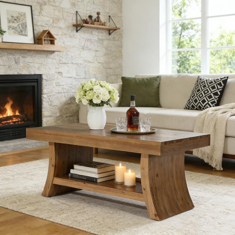 Farmhouse Coffee Table with Storage Shelf, Walnut