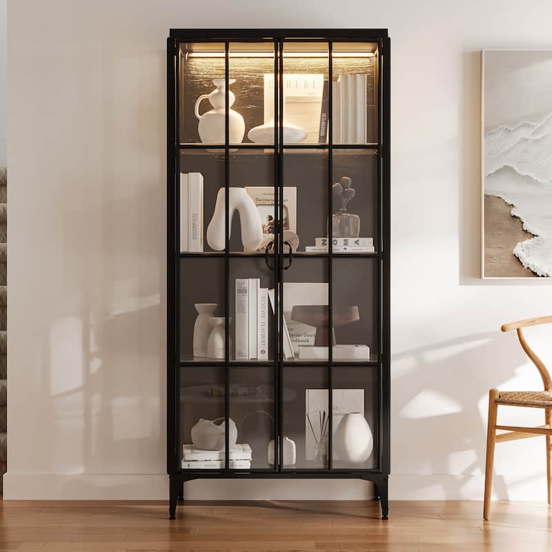 70.9"H Metal Glass Display Cabinet LED Light Bookshelves Curio Cabinet