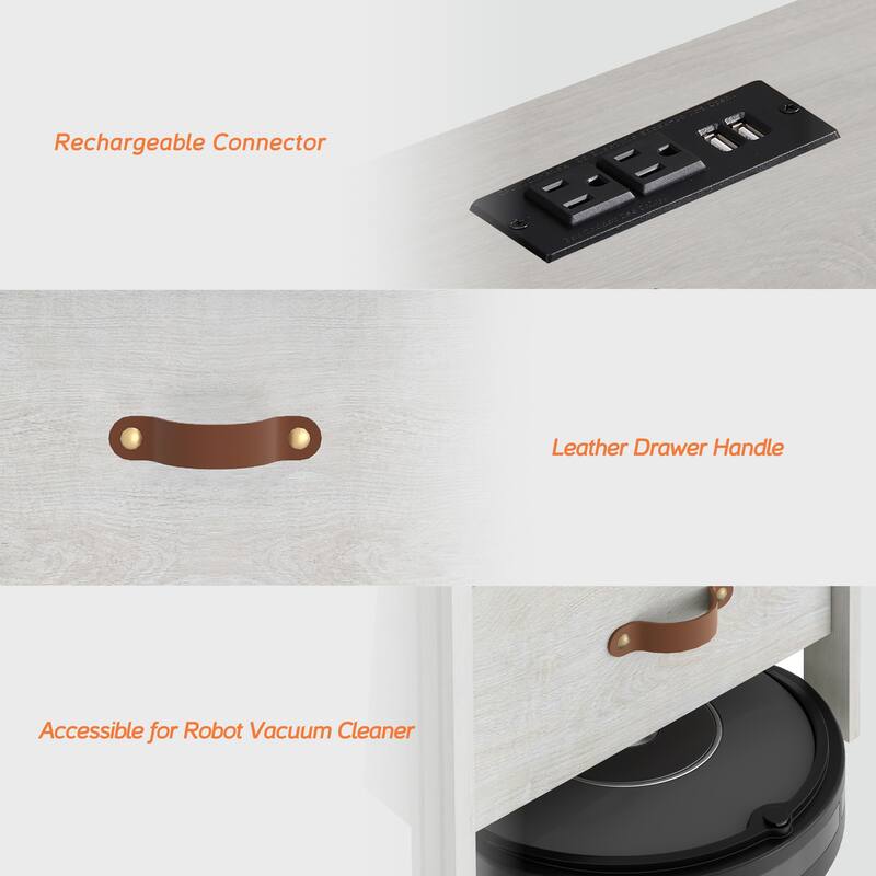 WAMPAT White Nightstand with Charging Station,Bedside Table with 2 Drawer，Set 2