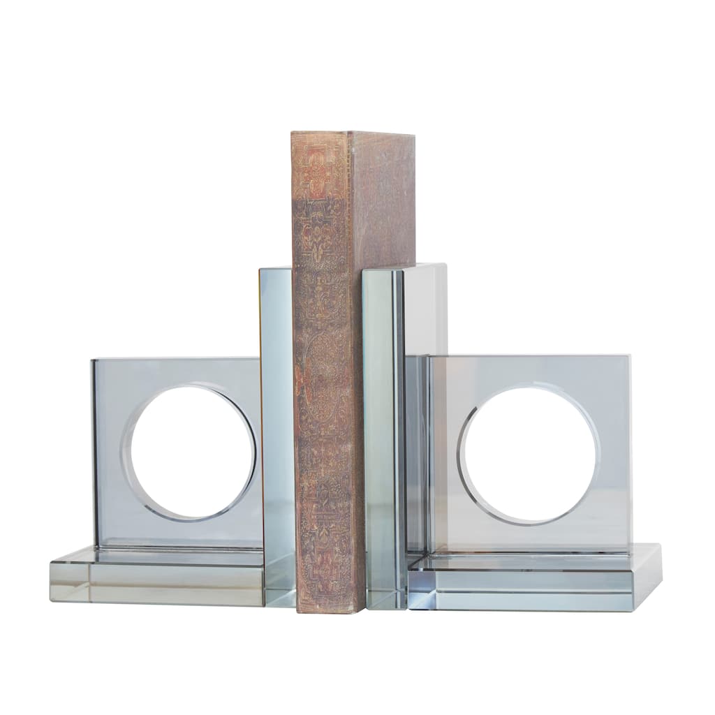 Crystal Geometric Square Bookends with Circle Cut Outs - Set of 2 Silver - Roche River Decor - 4"W x 5"L x 6"H