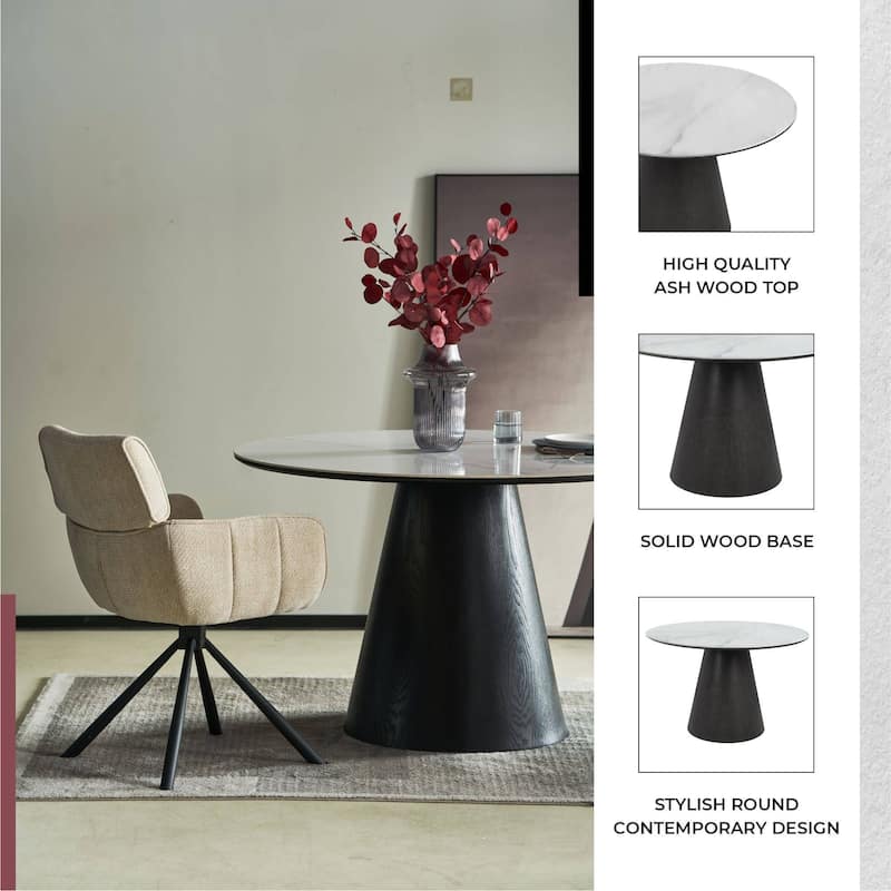 47" Round Dining Table with Sintered Stone Top and Ash Wood Base Riven Series