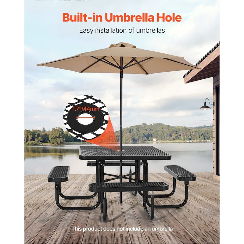 75.8" Black Picnic Square Dining Table with Built-in Umbrella Hole and Metal Frame for 6-8 People - 75.8 x 75.8 x 29.33 in