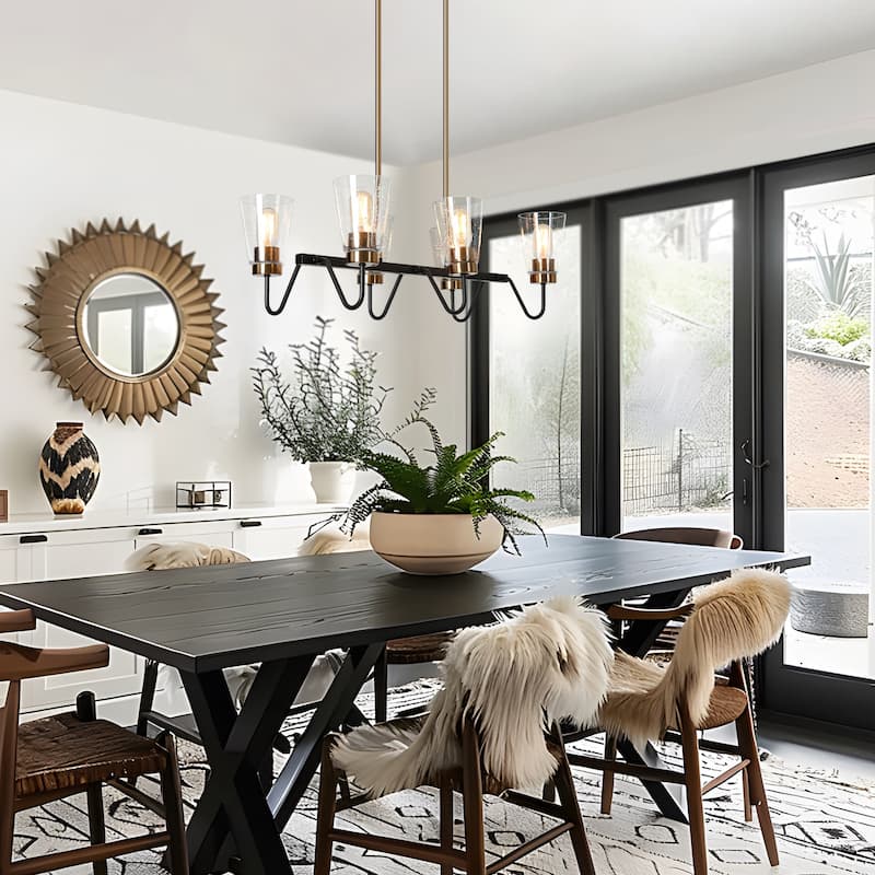 Ivelle Farmhouse 6-Light Black Gold Linear Chandelier Cone Glass Kitchen Island Pendant Lights - 27.5"L