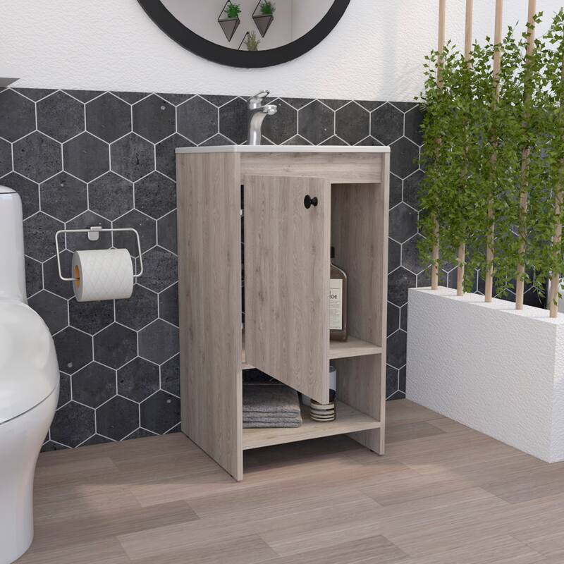 Minimalist Bathroom Vanity with Reinforced Resin, Open Shelf, and Storage Cabinet - Light Grey - 17.7in L
