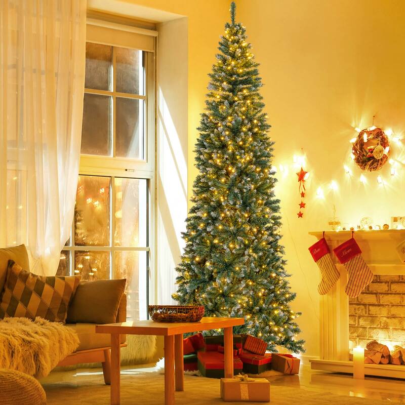 Costway 6FT/9FT Pre-Lit Christmas Tree Hinged Slim Pencil Xmas with