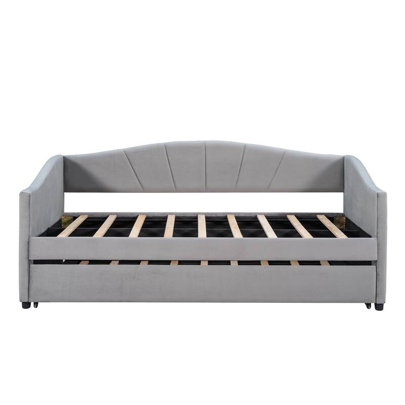 Velvet Upholstered Twin Daybed with Trundle, Solid Wood Slat Support, No Box Spring Needed, Space-Saving Design