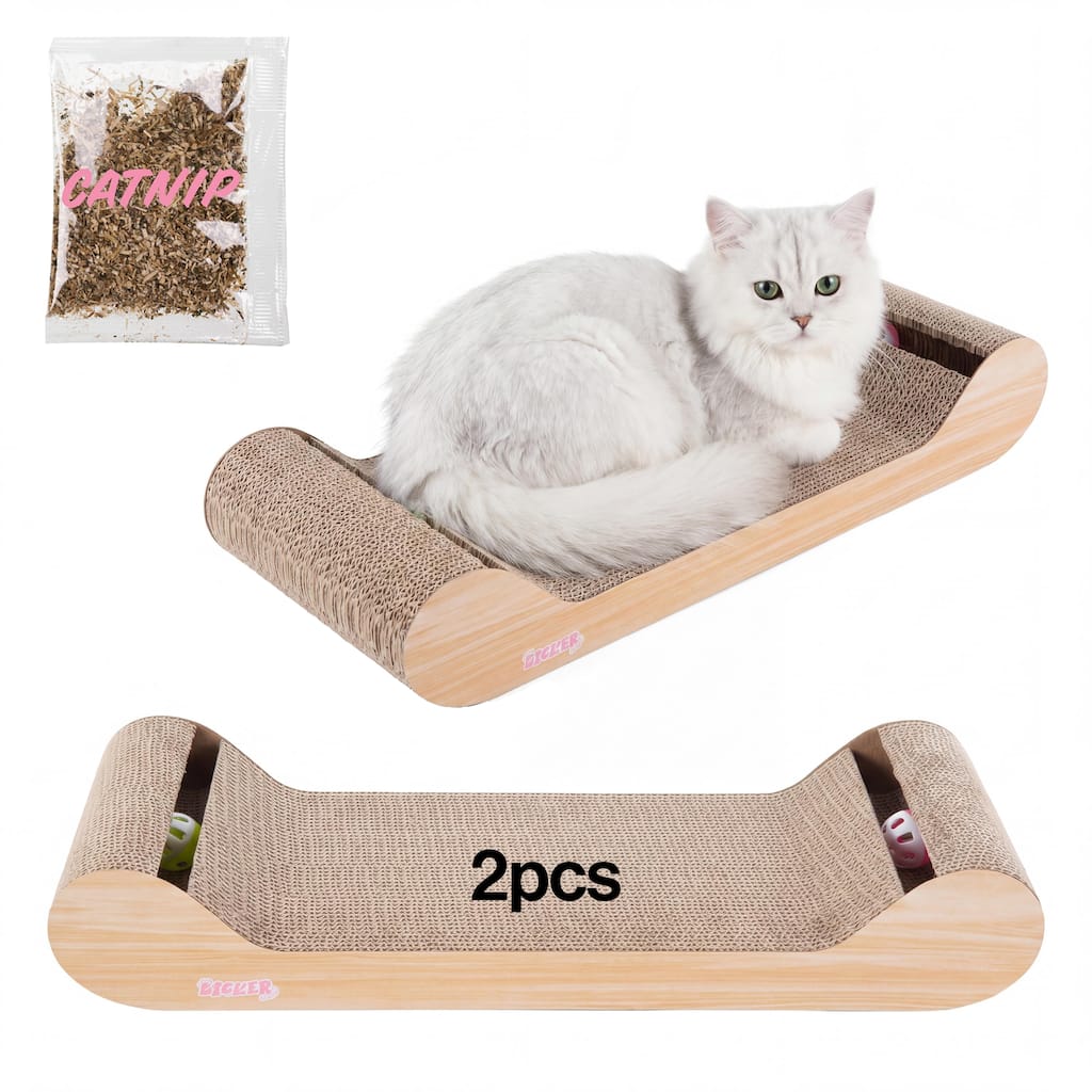 Rini Modern Cardboard Lounge Bed Cat Scratcher with Built-In Bell Toys and Catnip (Set of 2)