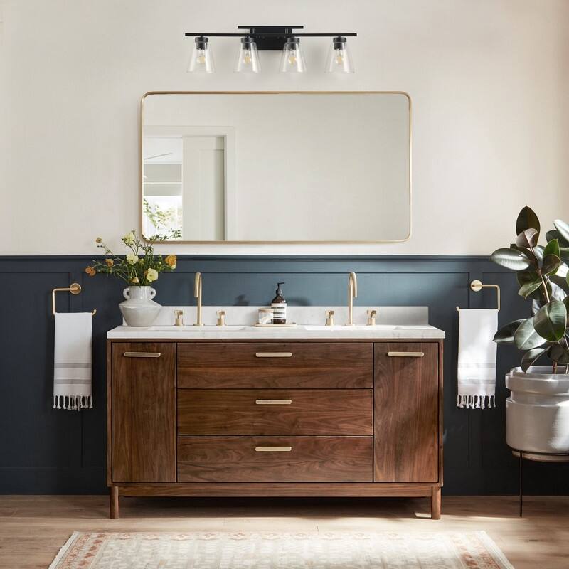 4-Light Modern Bathroom Vanity Light Fixture, Brushed Black Wall Sconce with Frosted Glass Shades