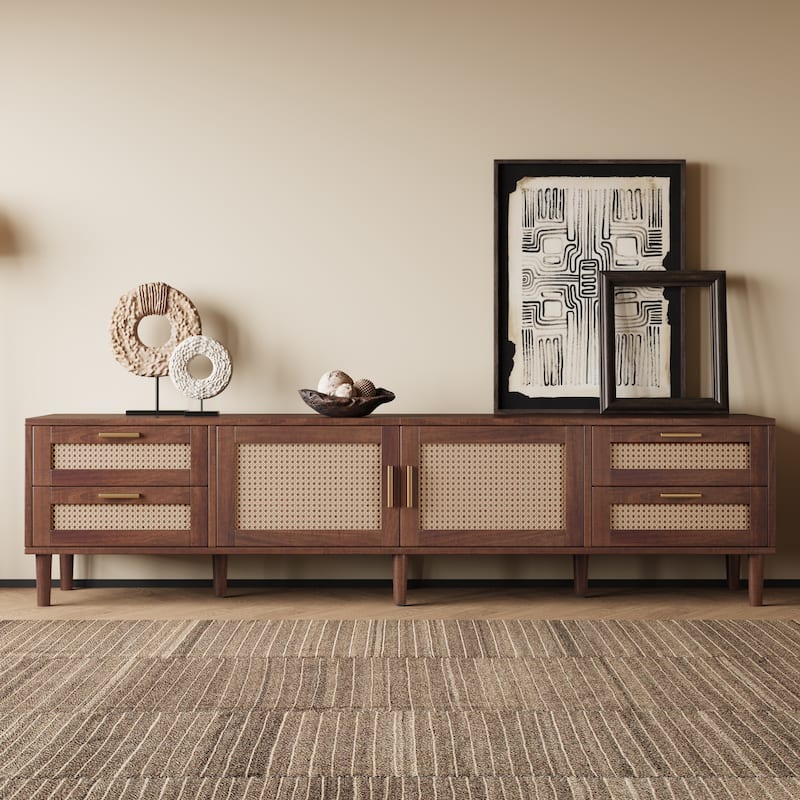 Modern 78 Inch TV Stand for 85" TVs, Media Console with 4 Storage Drawers, Solid Wood Legs & Soft-Close Hinges