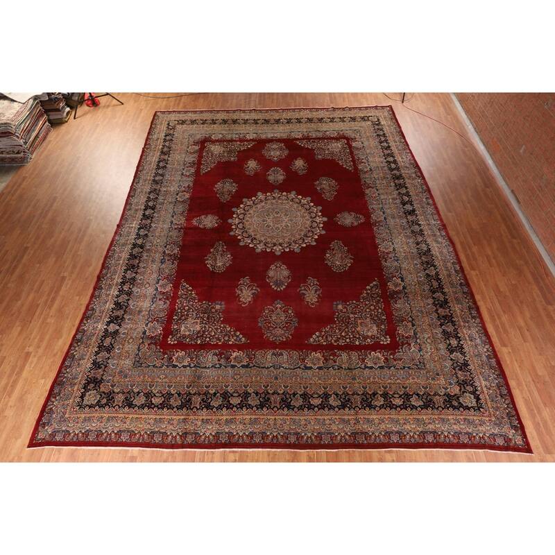 Pre-1900 Antique Kerman Ravar Persian Large Red Handmade Wool Carpet - 14'2"x 19'0"