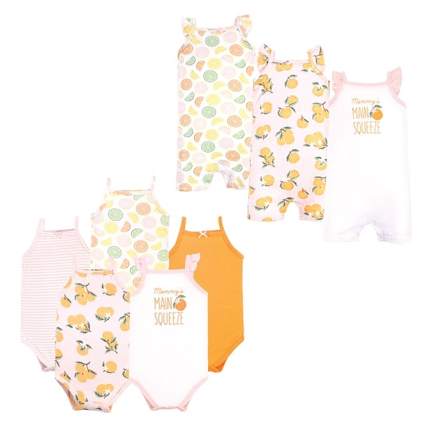 slide 1 of 1, Hudson Baby Infant Girl Cotton Bodysuits and Rompers, 8-Piece, Citrus Orange 0 - 3 Months - Orange/Pink