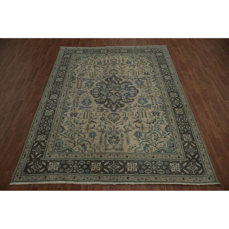 Hand Knotted Oriental 100% Wool Carpet Traditional Floral Beige & Ivories Tabriz Area Rug - 10' 11'' X 8' 3''