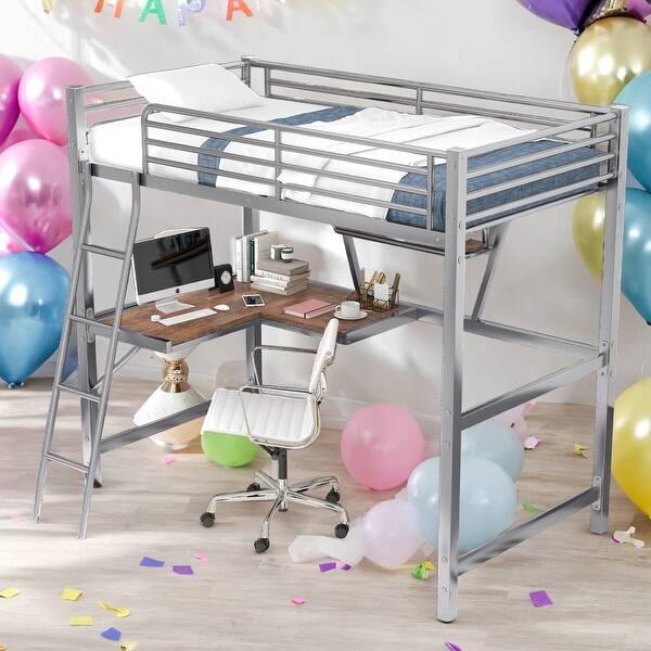 slide 2 of 13, Twin Size Loft Metal & MDF Bed with Desk and Shelf,Sturdy Metal Frame,Safety for Kids,No Box Spring Needed,Silver Silver