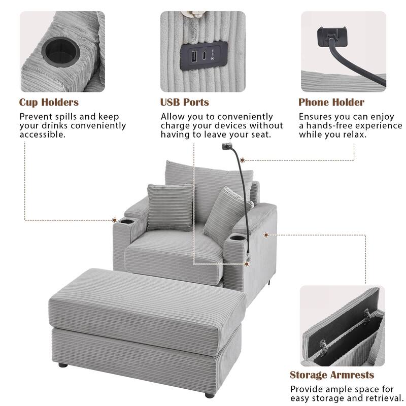 41.7" Modern Grey Corduroy Single Sofa with Storage, Ottoman, USB Ports, Cup Holders & Phone Holder
