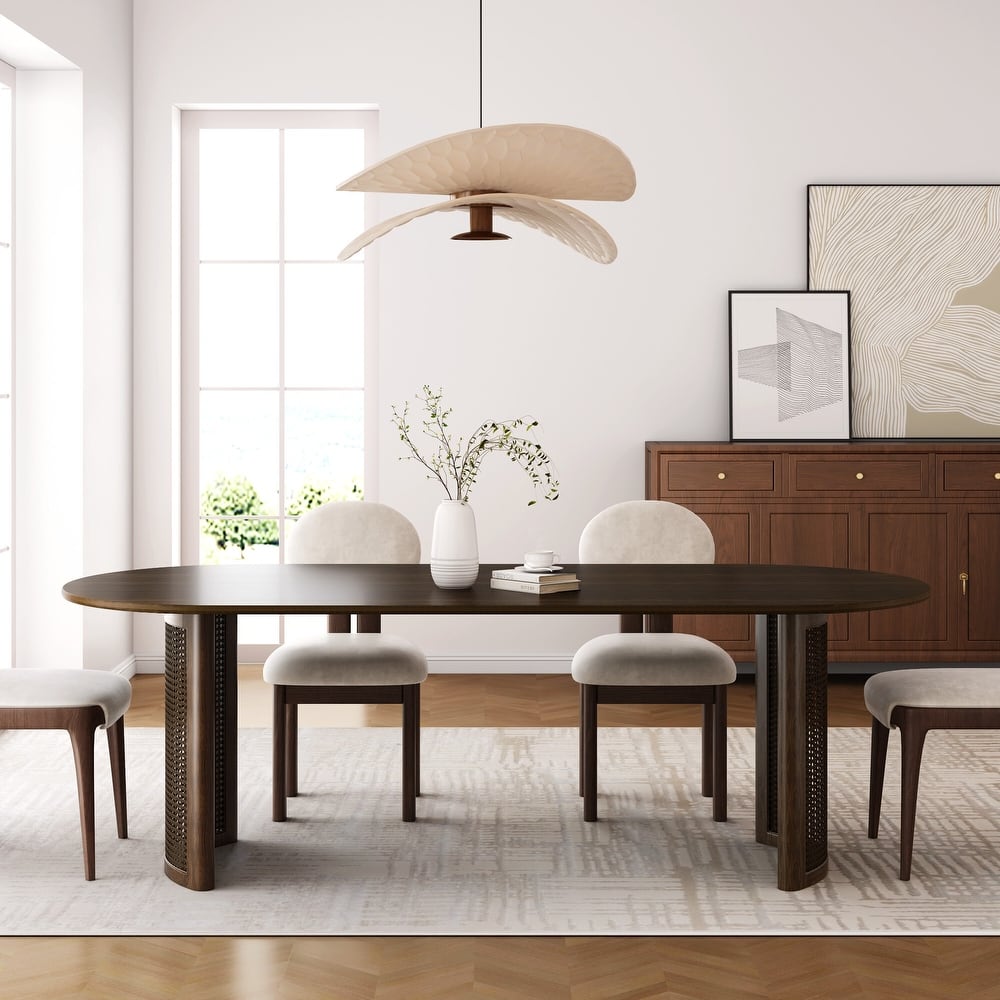 Oval Dining Table with Arc-Shaped Edge Top and Rattan Woven Base Modern Farmhouse Kitchen Table for Living Room Dining Room