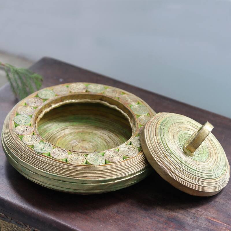 Novica Handmade Glittering Green Eco-Friendly Paper Basket