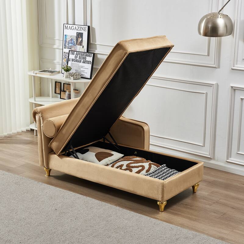 Modern Storage Chaise Lounge for Living Room, 60.6" Velvet Sofa Chair with Toss Pillows, Upholstered Lounge Sofa with Gold Legs