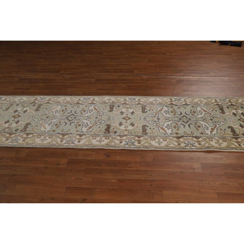 Green Oushak Oriental Runner Rug Handmade Floral Wool Carpet - 2'7"x 10'1"