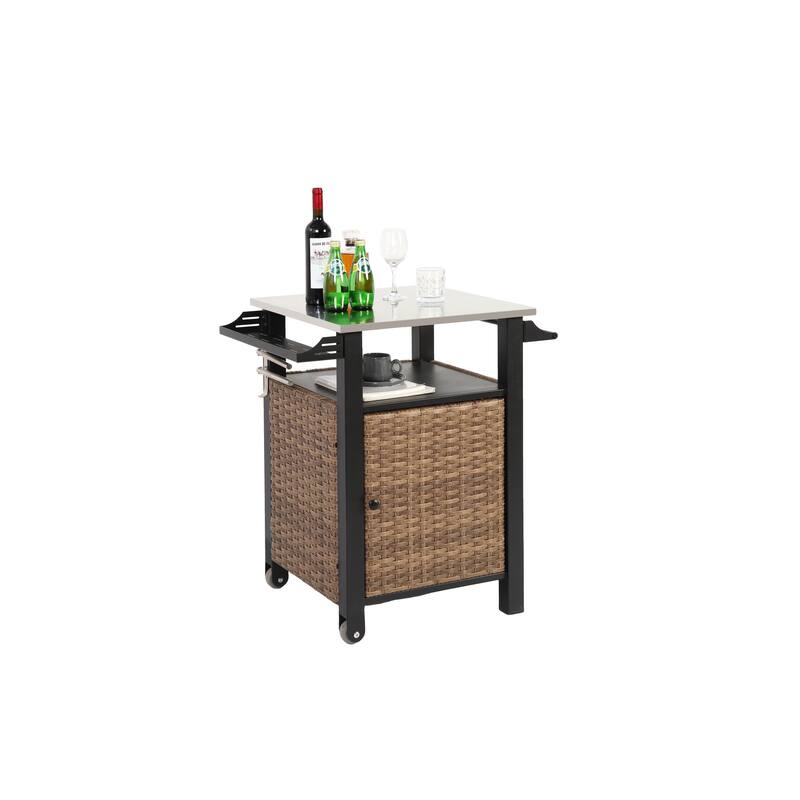 Single door bar cart,Outdoor Kitchen Wicker Island Rolling Cart & Storage Cabinet, Wheels and Stainless Steel Extended Table Top