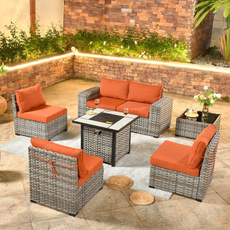 OVIOS Patio Wicker Furniture Wide Arm 7-piece Fire Pit Set with Table