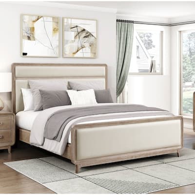 Natural Finish Comtemporary Panel Bed 1pc Upholstered Headboard Footboard