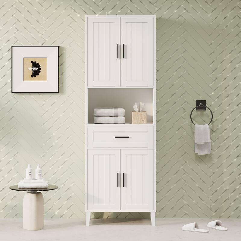 70.9" High Freestanding Tall Bathroom Cabinet with a Drawer, 2 Cabinets, 4 Soft-Close Doors, 2 Adjustable Shelves, Open Storage - White