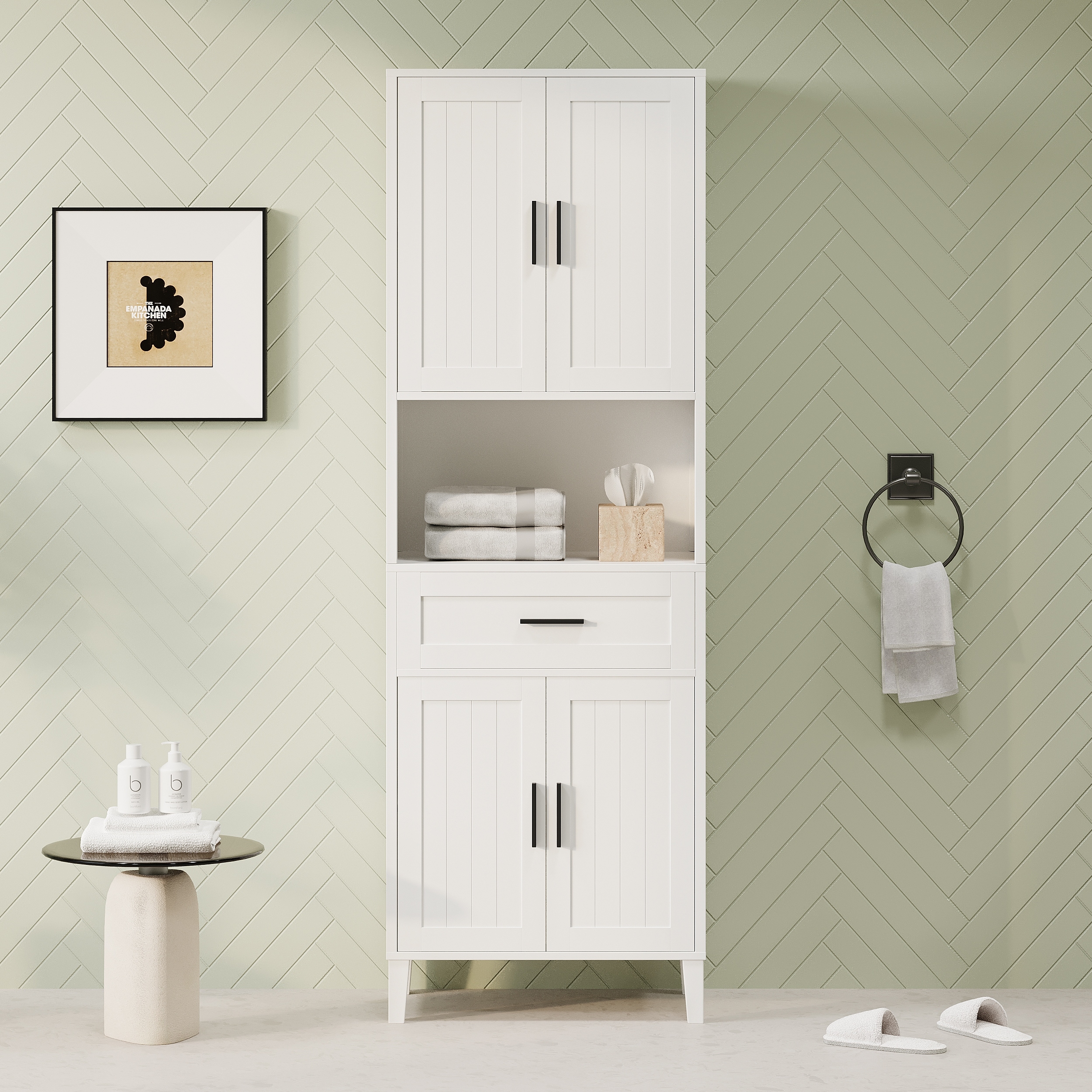 Modern Tall Freestanding Bathroom Cabinet with 1 Drawer, 2 Cabinets, 4 Doors and Open Storage Space, for Bathroom, White