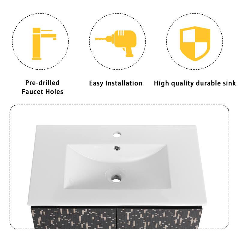 30" Floating Wall-Mounted Bathroom Vanity with Soft-Close Door Hinges, Ceramic Sink & Ample Storage