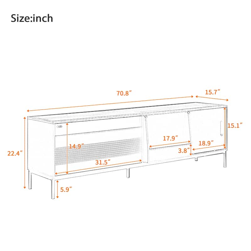 70.8'' Mid Century Modern TV Stand for 75'' TVs, Walnut Media Console with Sliding Doors, Drawer, Adjustable Shelves