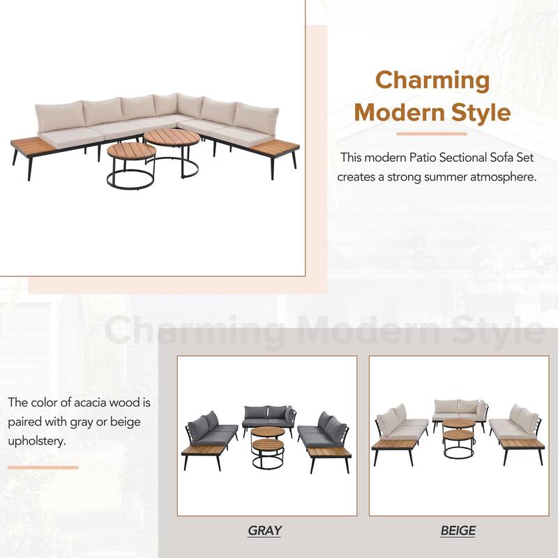 Beige Acacia Wood Outdoor Sectional Sofa Set with Round Nesting Coffee Tables