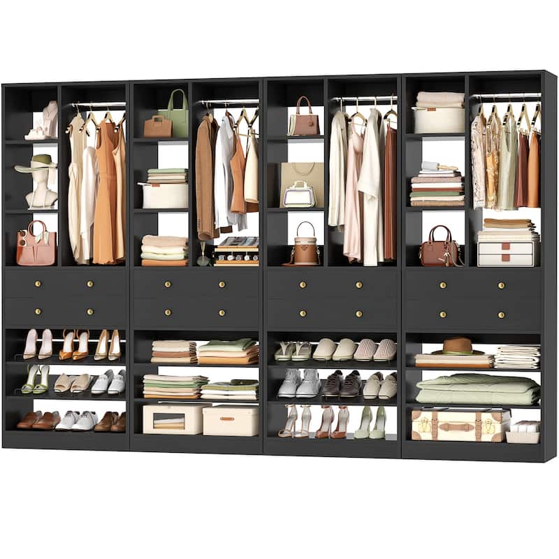 27.7'' Closet Organizer with Shoe Racks and Drawers, Closet System with Hanging Rod and Adjustable Shelves - Black - 4pcs