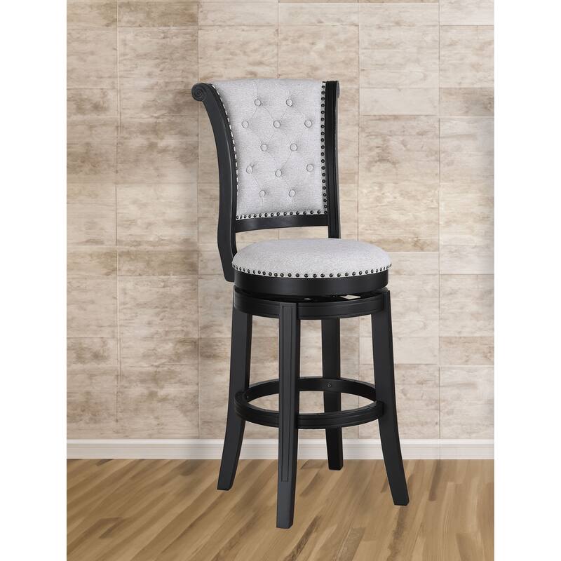 2Pc Swivel Pub Stools Counter Height 24" Chair Upholstered Seat Nailhead Trim Footrest Wooden Dining Room Furniture Black/Dove