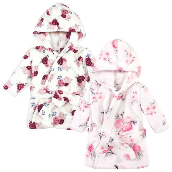 slide 1 of 1, Hudson Baby Infant Girl 2Pc Plush Animal Face Bathrobe, Pink Floral Floral, 0-9 Months - Pink Floral Floral - 0-9 Months 0-9 Months - Pink Floral Floral