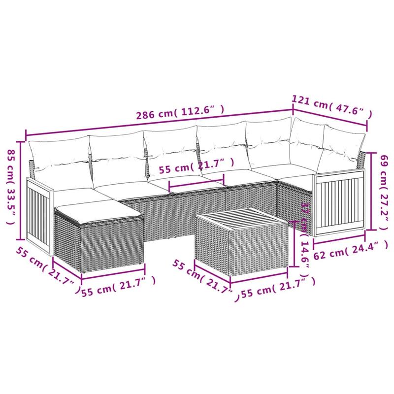 vidaXL 8 Piece Patio Sofa Set with Cushions Gray Poly Rattan - 114.3x27.2x69.3