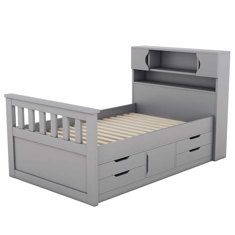 Twin Size Platform Bed with 4 Drawers, Bookcase Headboard, and Storage Shelves, Space-Saving Design, Sturdy and Quiet Frame