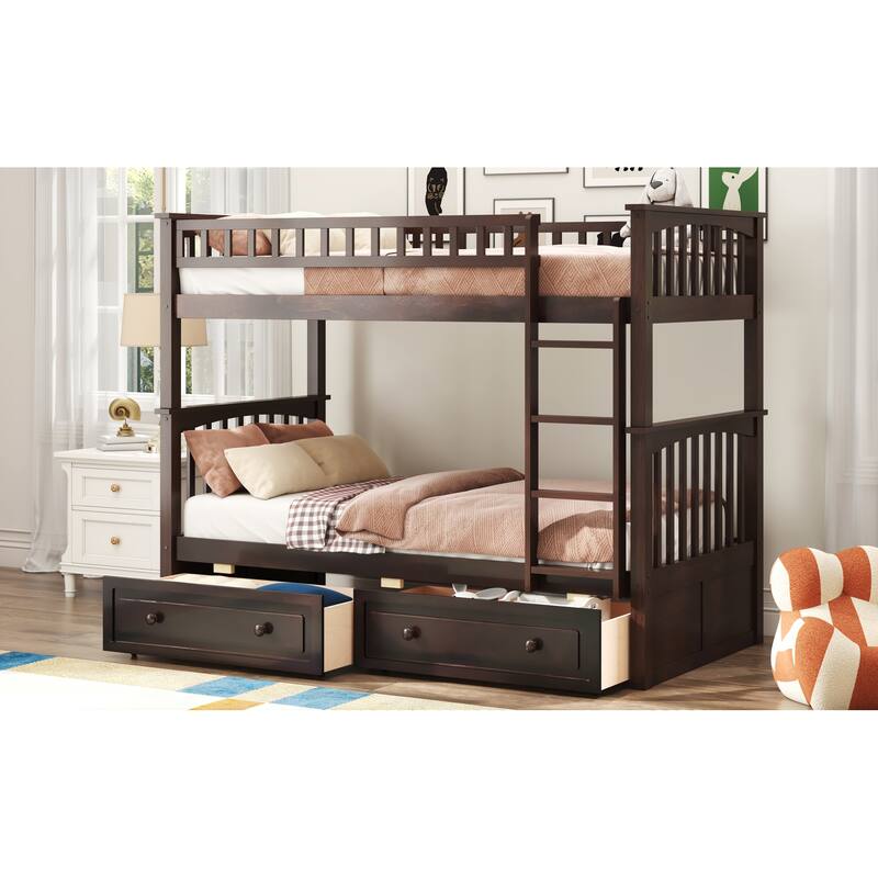 Twin over Twin Bunk Bed with Storage Drawers, Convertible to 2 Separate Beds, Espresso