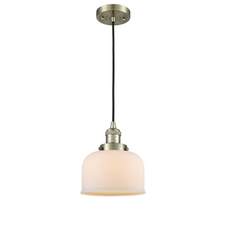 Innovations Lighting Large Bell 8" Wide Mini Pendant - Cord Suspension - Antique Brass / Matte White Cased