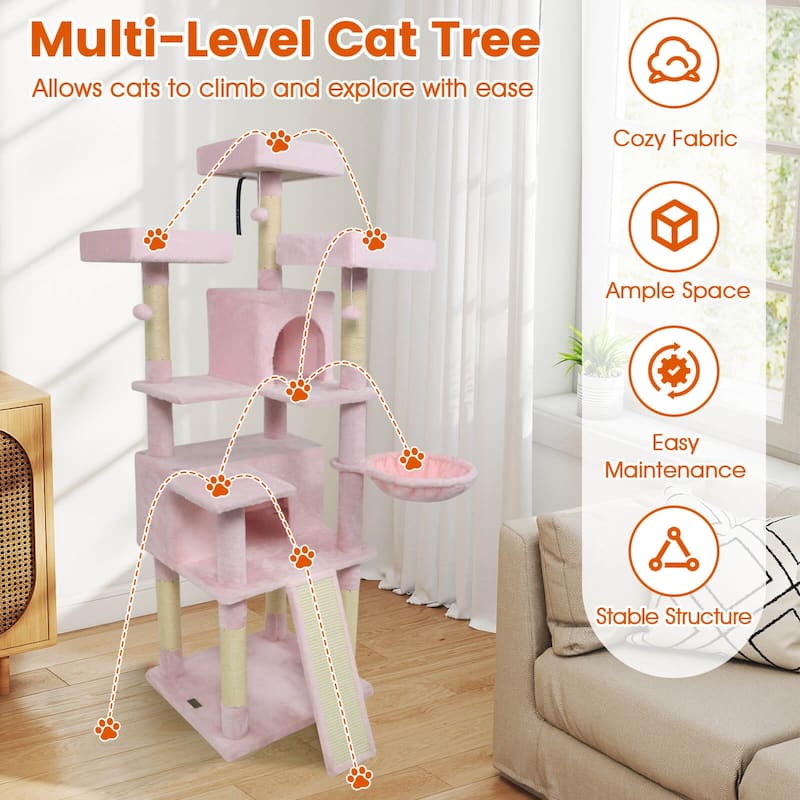 Costway 65” Tall Multi-level Cat Tree with 3 Upholstered Top Perch 2 - See Details