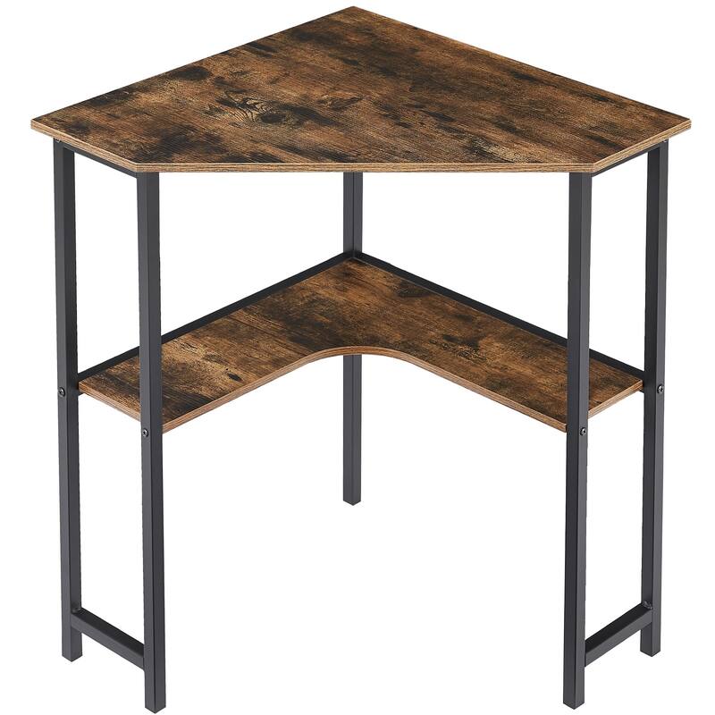 Space-Saving Corner Desk with Shelves, 2-Tier Triangle Storage Table for Small Spaces, Rustic Wood & Metal Frame